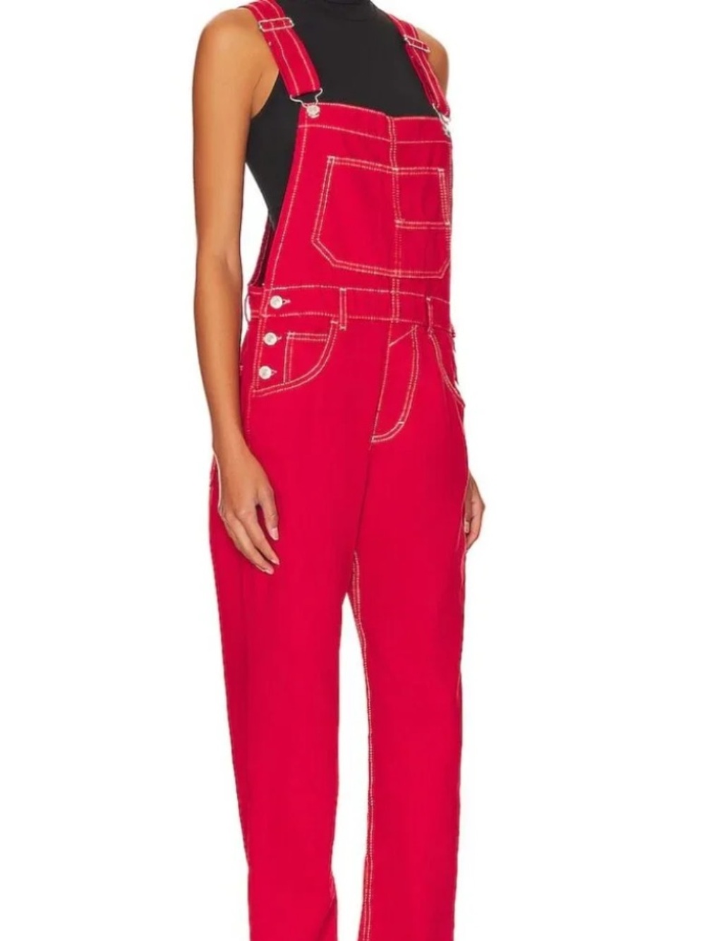 Free People We The Free Ziggy Red Denim Overalls in Heart Eyes Red - Picture 2 of 16